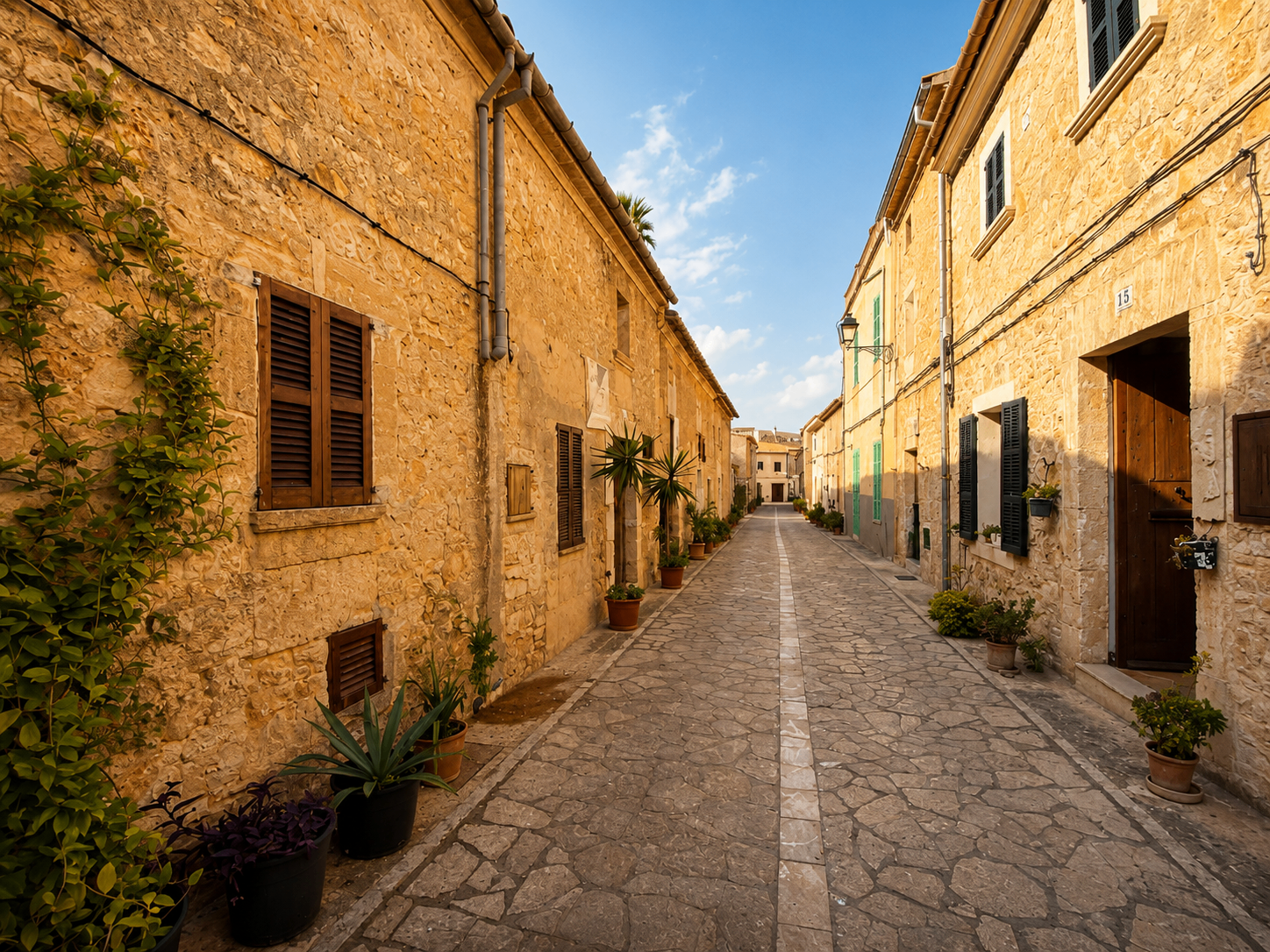 Historic stone street in the old town of Petra, Mallorca
