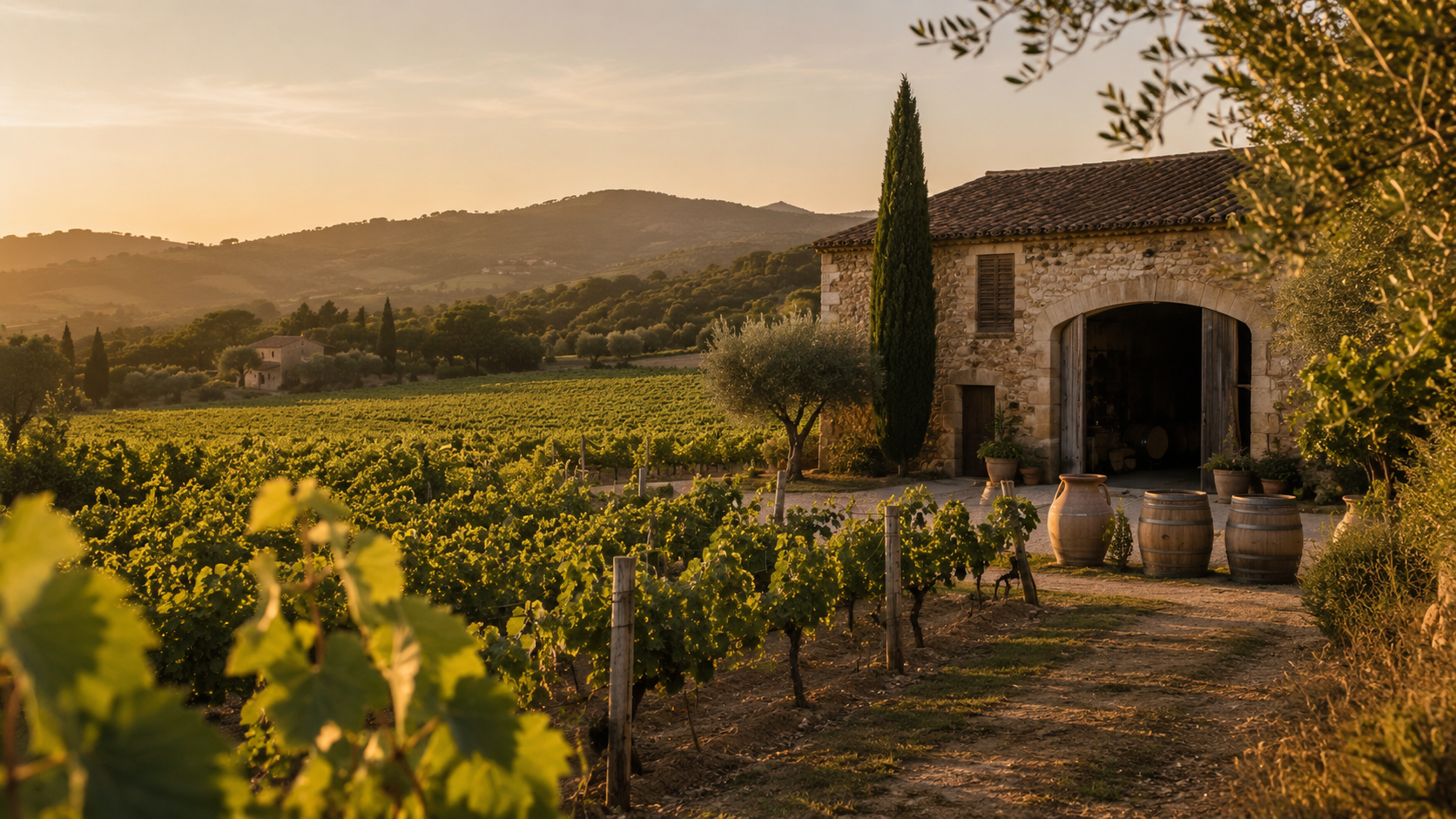 Traditional Mallorcan bodega at golden hour with vineyards and olive trees